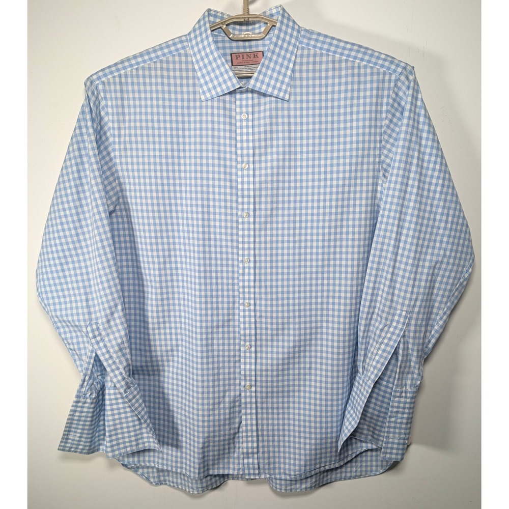 Vintage Thomas Pink Mens Shirt Gingham Made In Ireland Cotton Blue 18.5 47/95